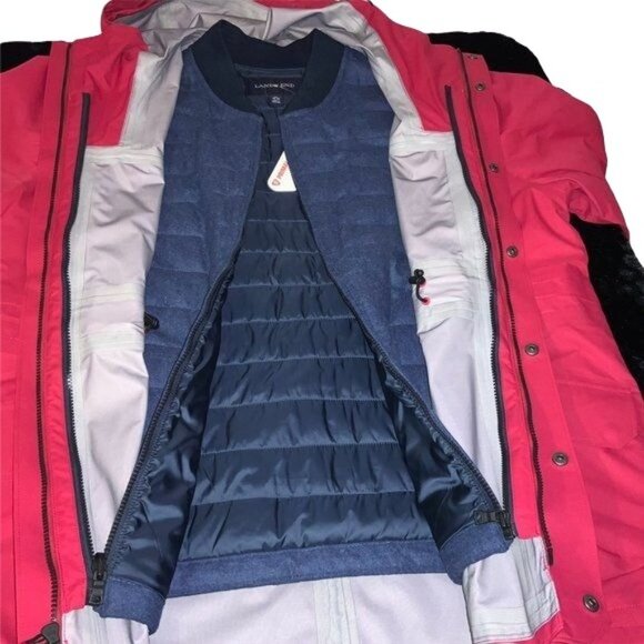 Lands End Red Hooded Waterproof Parka Coat W/ PrimaLoft Insulated Interior - Picture 6 of 7